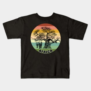 Baobab and Elephants on Vintage Retro Africa Sunset Kids T-Shirt